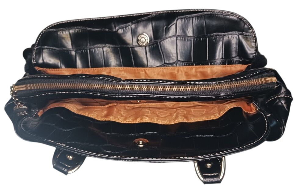 Y2K Kathy Van Zeeland Black Faux Fur & Gold Studded Glam Handbag Croc Embossed - Picture 7 of 7